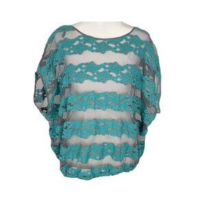 FREE PEOPLE Women Sheer Lace Country Fair Top Banded‎ Waist Sz S Teal 67-15